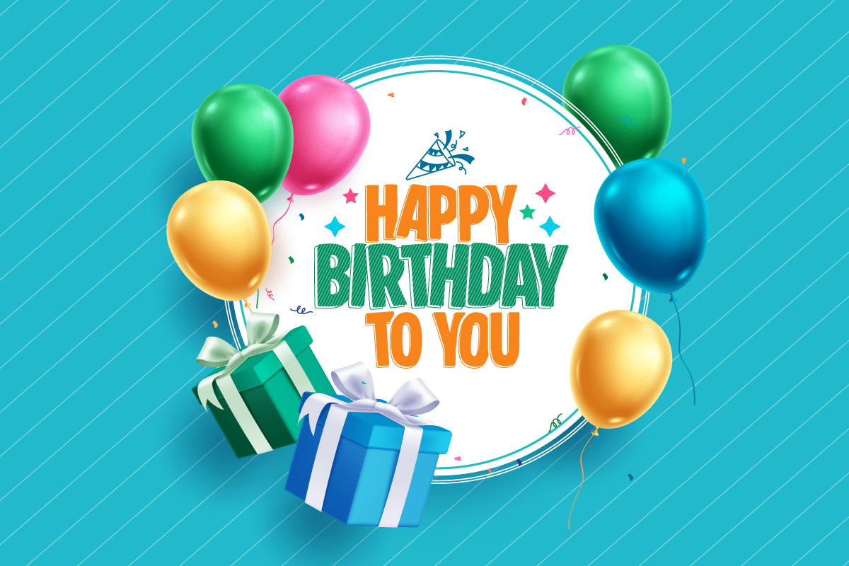 Digital card showing colorful balloons and gift boxes surrounding a white circle with "Happy Birthday to You" in bold text on a blue background.
